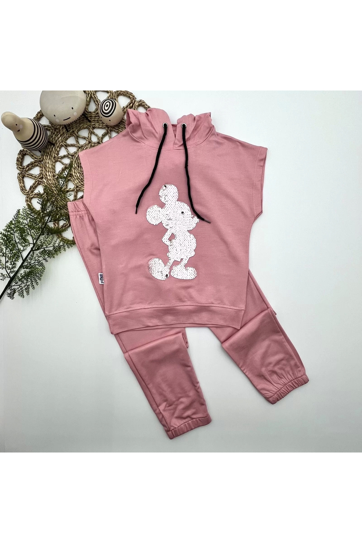Mcem Store Eterelle Kapşonlu Petli Mickey Desenli Kisa Kol 2Li Kiz Erkek Çoc