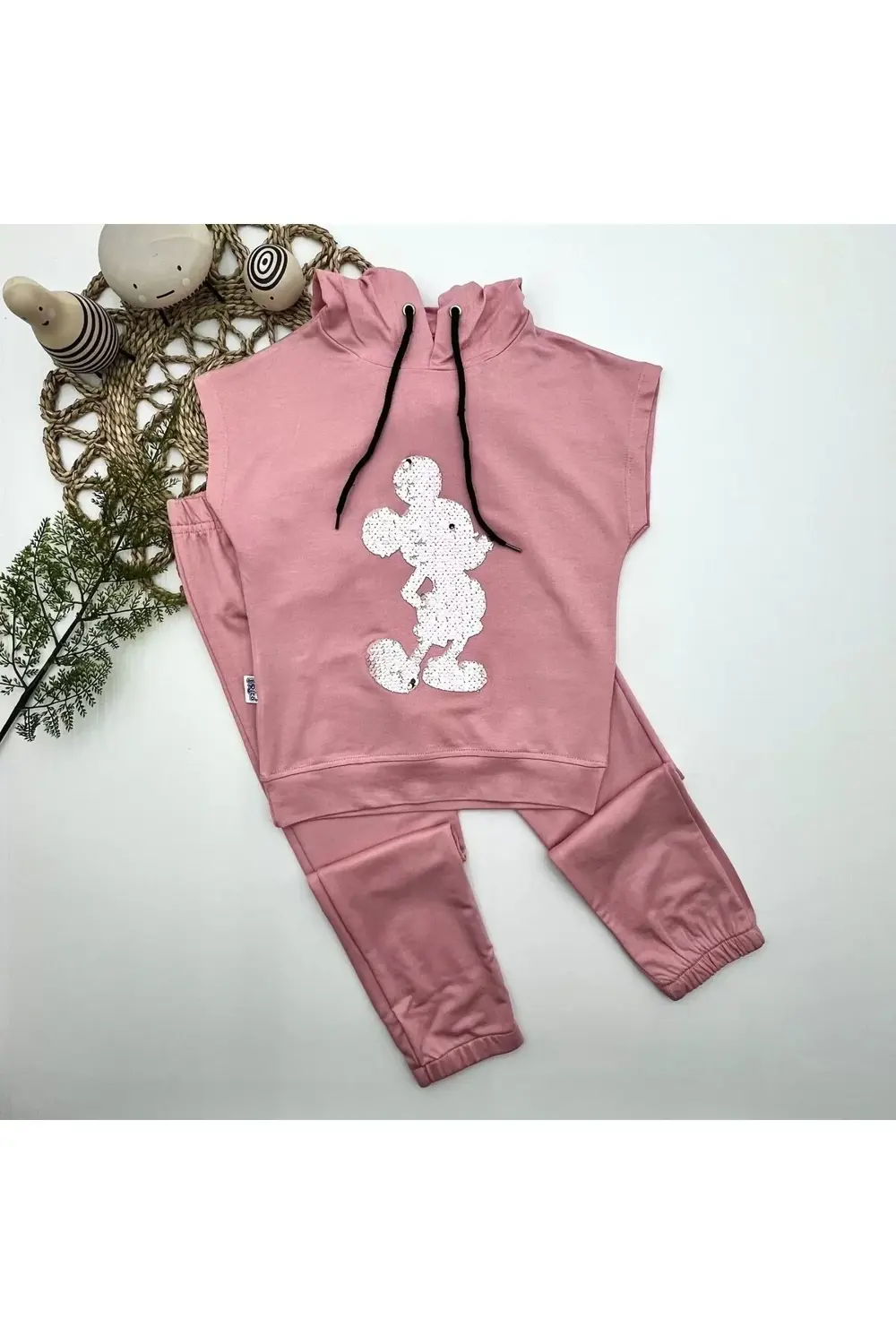 Eterelle Kapşonlu Petli Mickey Desenli Kısa Kol 2li Kız Erkek Çoc