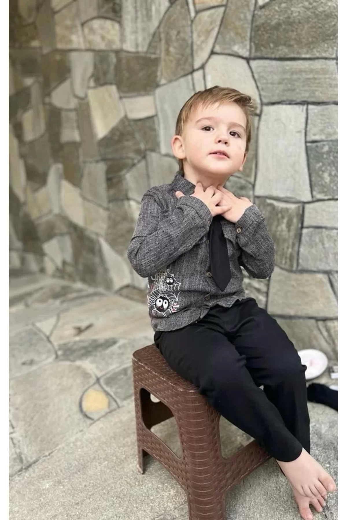 Mcem Store Eterelle Kravatli Keten Gömlek Gabardin Pantolon Uzun Kollu 3Lü E