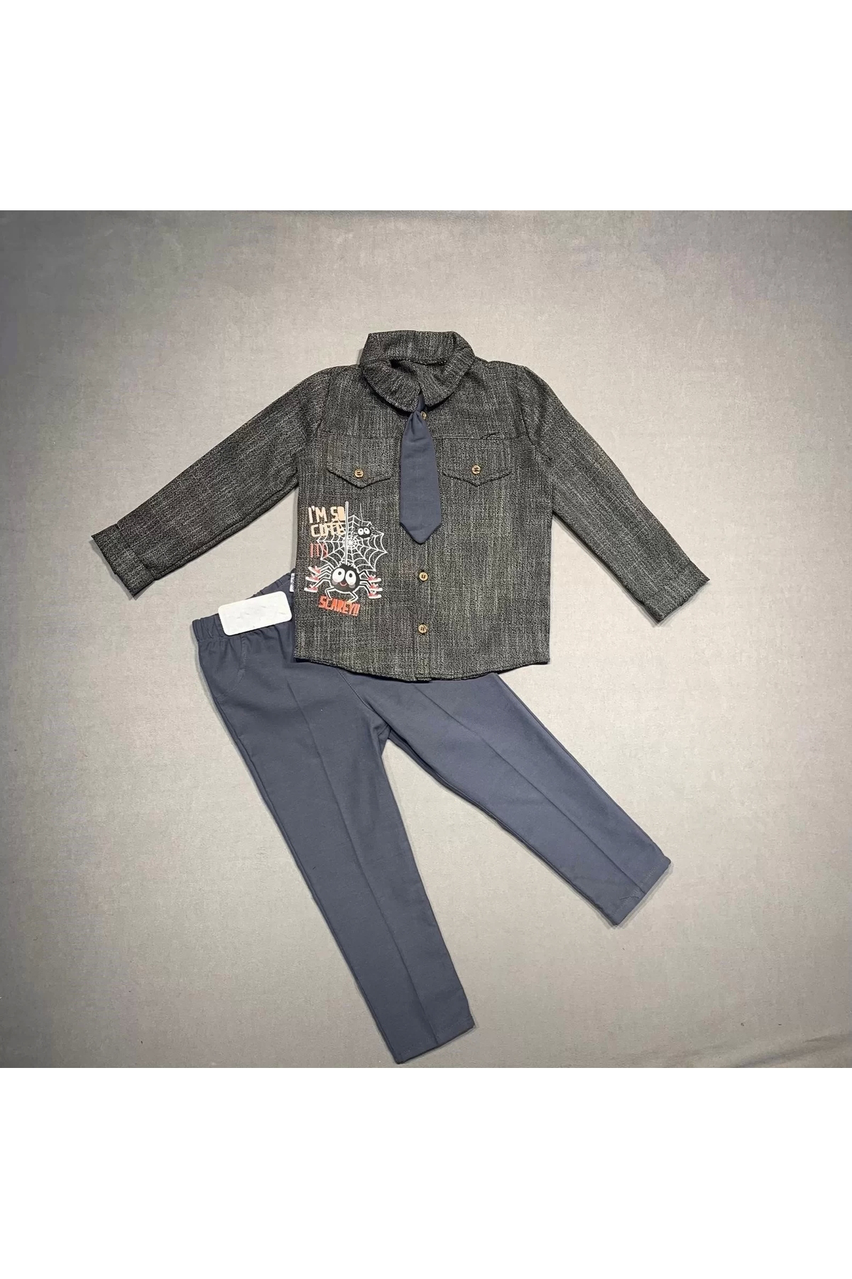 Mcem Store Eterelle Kravatli Keten Gömlek Gabardin Pantolon Uzun Kollu 3Lü E