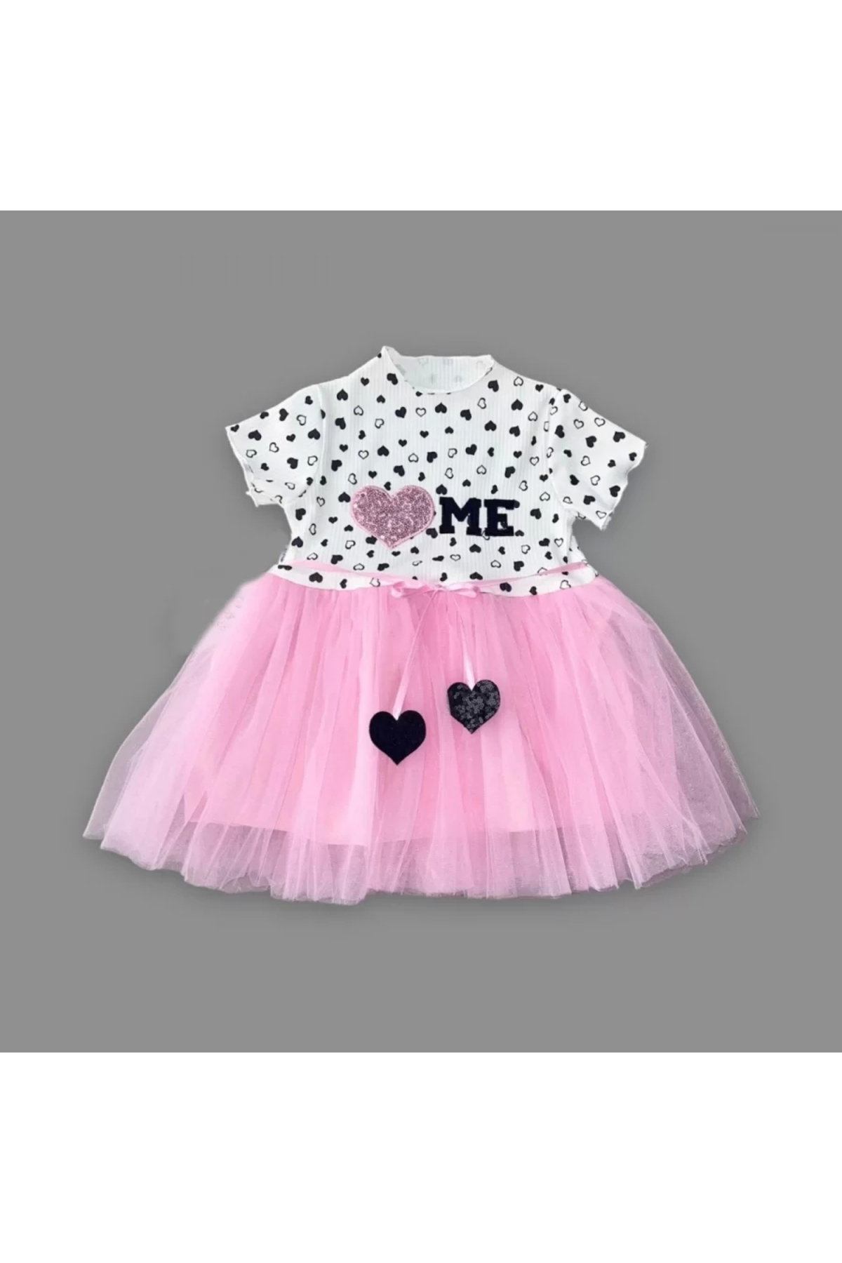 Shop58 Eterelle Petli Kalp Me Baskili Kiz Bebek Elbisesi Pembe