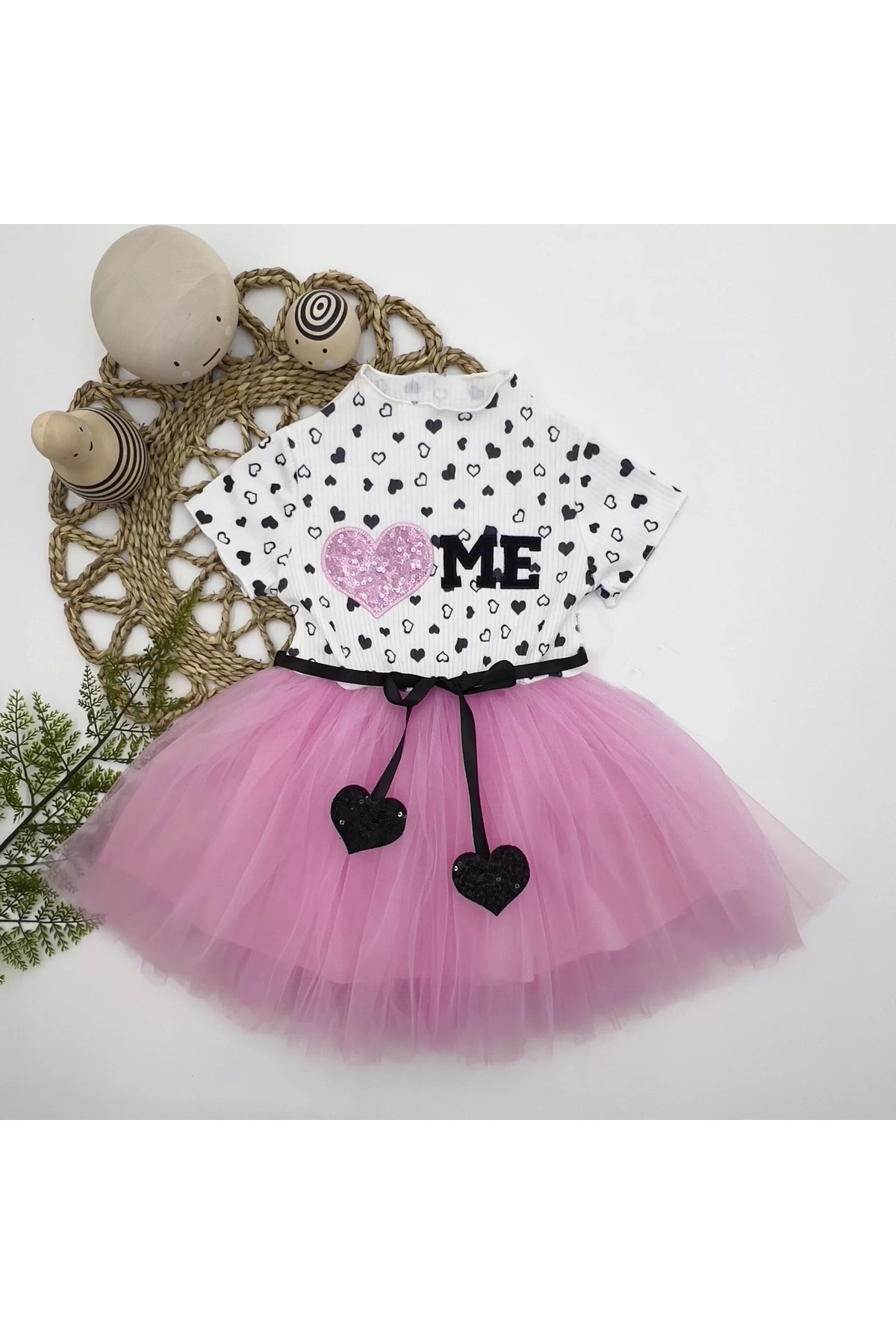 Shop58 Eterelle Petli Kalp Me Baskili Kiz Bebek Elbisesi Pembe