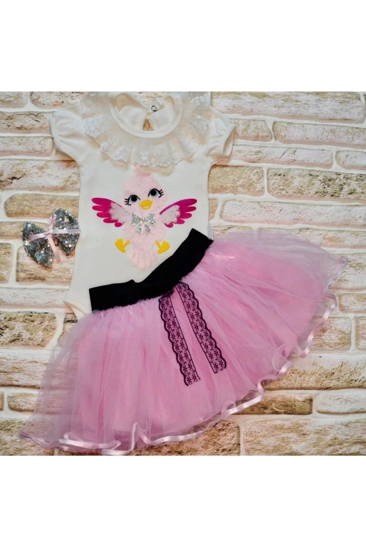 Mcem Store Eterelle Toka Hediyeli Kuş Desenli Tişört Tütü Etek 2Li Kiz Bebek