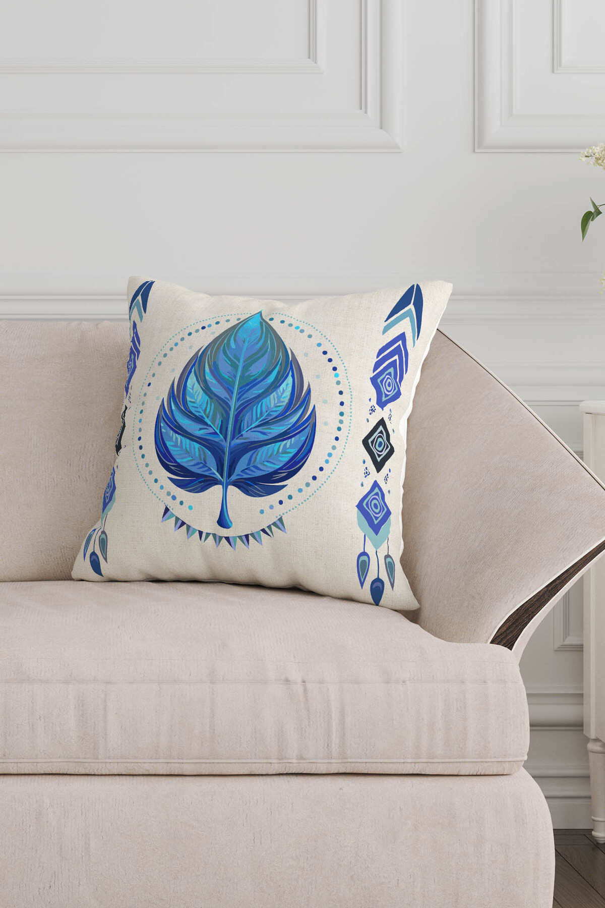 Sakallı Etnik Bohem Mavi Yaprak Desen Bej Zemin Dijital Baskılı Dekoratif