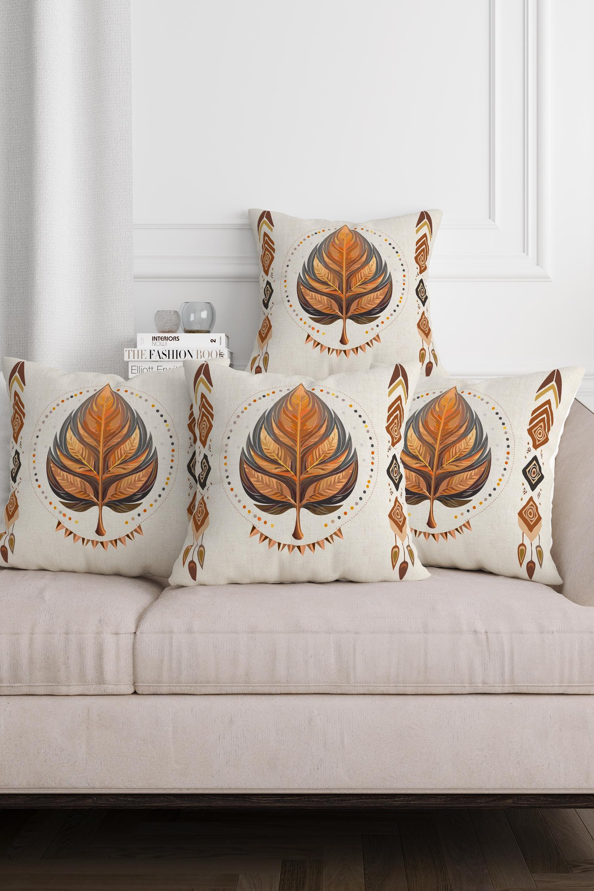 Etnik Bohem Yaprak Desen Bej Zemin Dekoratif Hediyelik Kadife 6lı