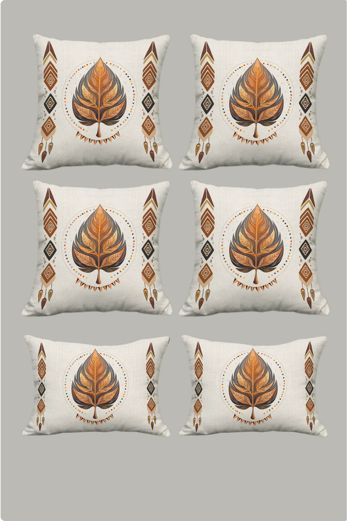 Etnik Bohem Yaprak Desen Bej Zemin Dekoratif Hediyelik Kadife 6lı