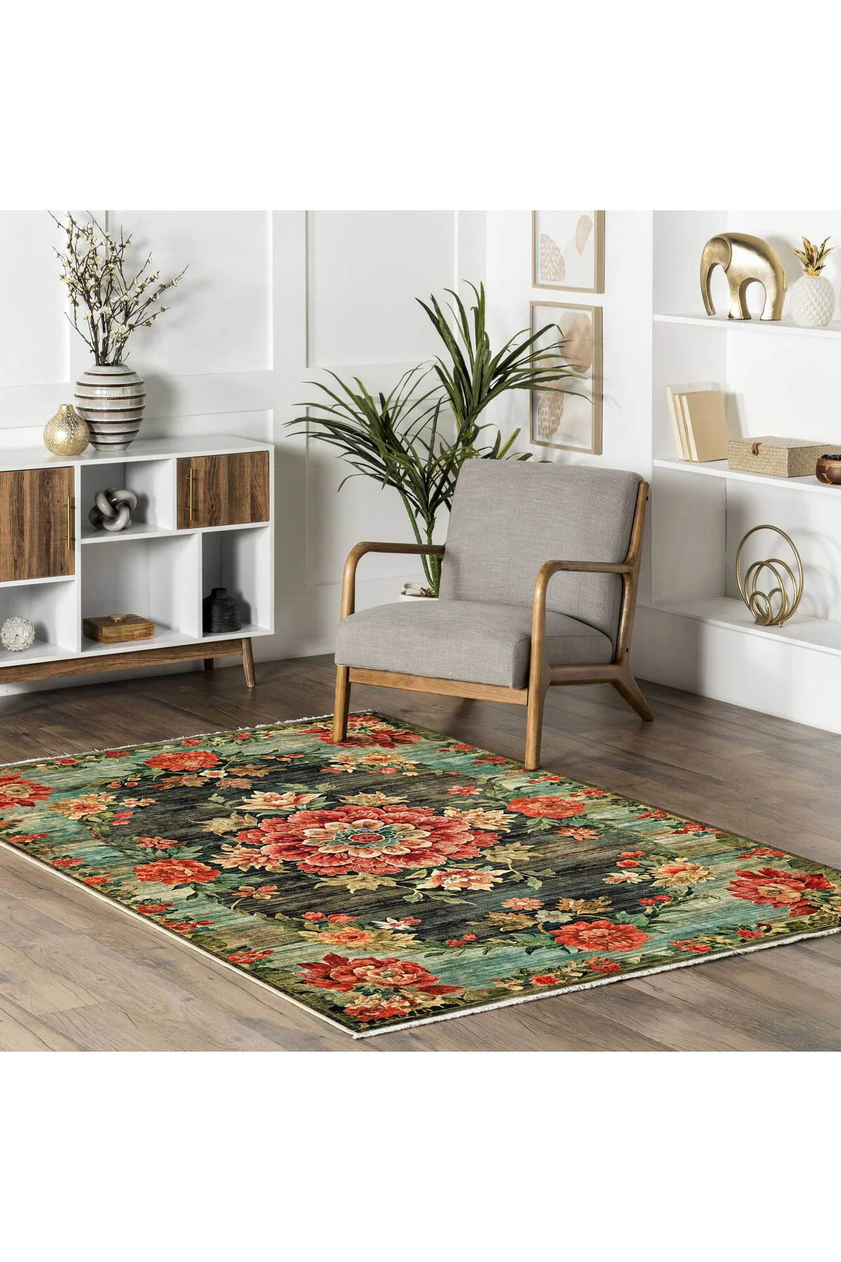 Etnik Çiçekli Karabağ Desenli Şönil Halı Kilim Kaymaz Pamuk Taban