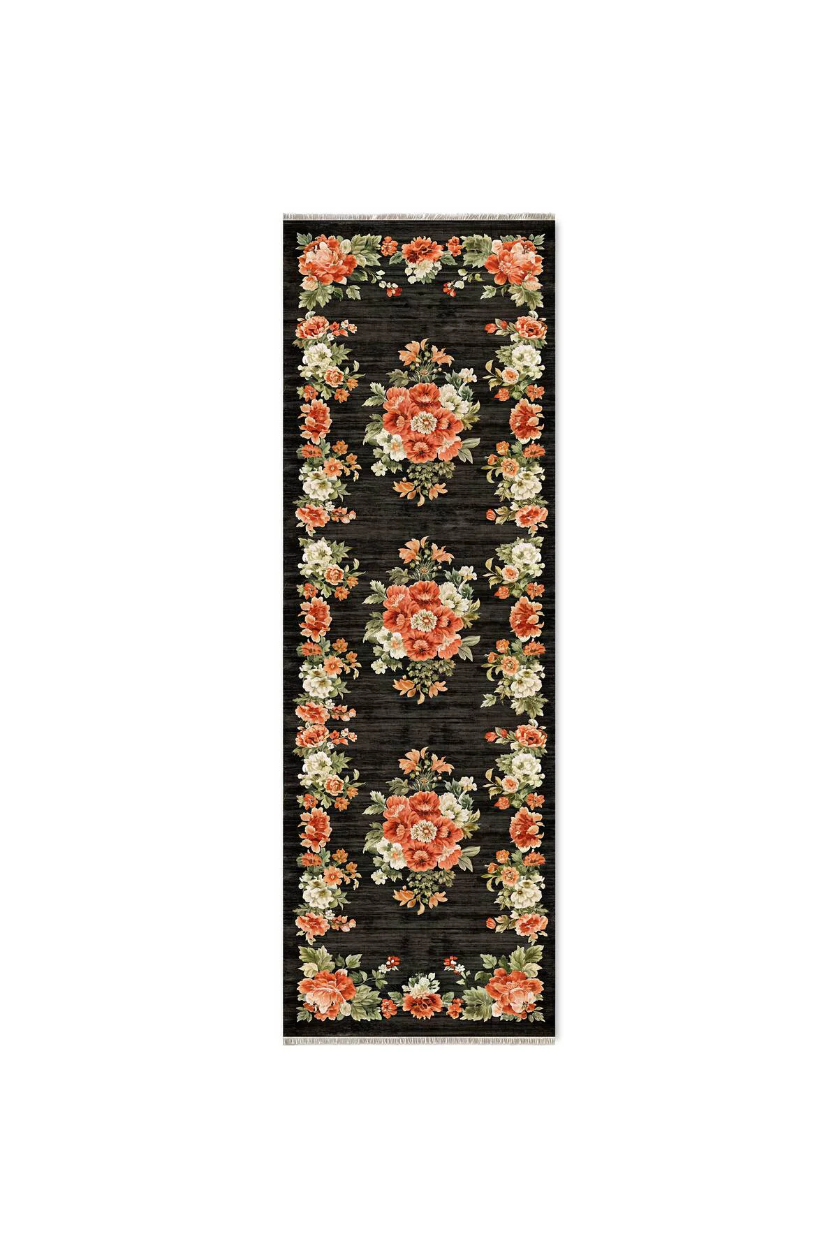 Etnik Çiçekli Karabağ Desenli Şönil Halı Kilim Kaymaz Pamuk Taban