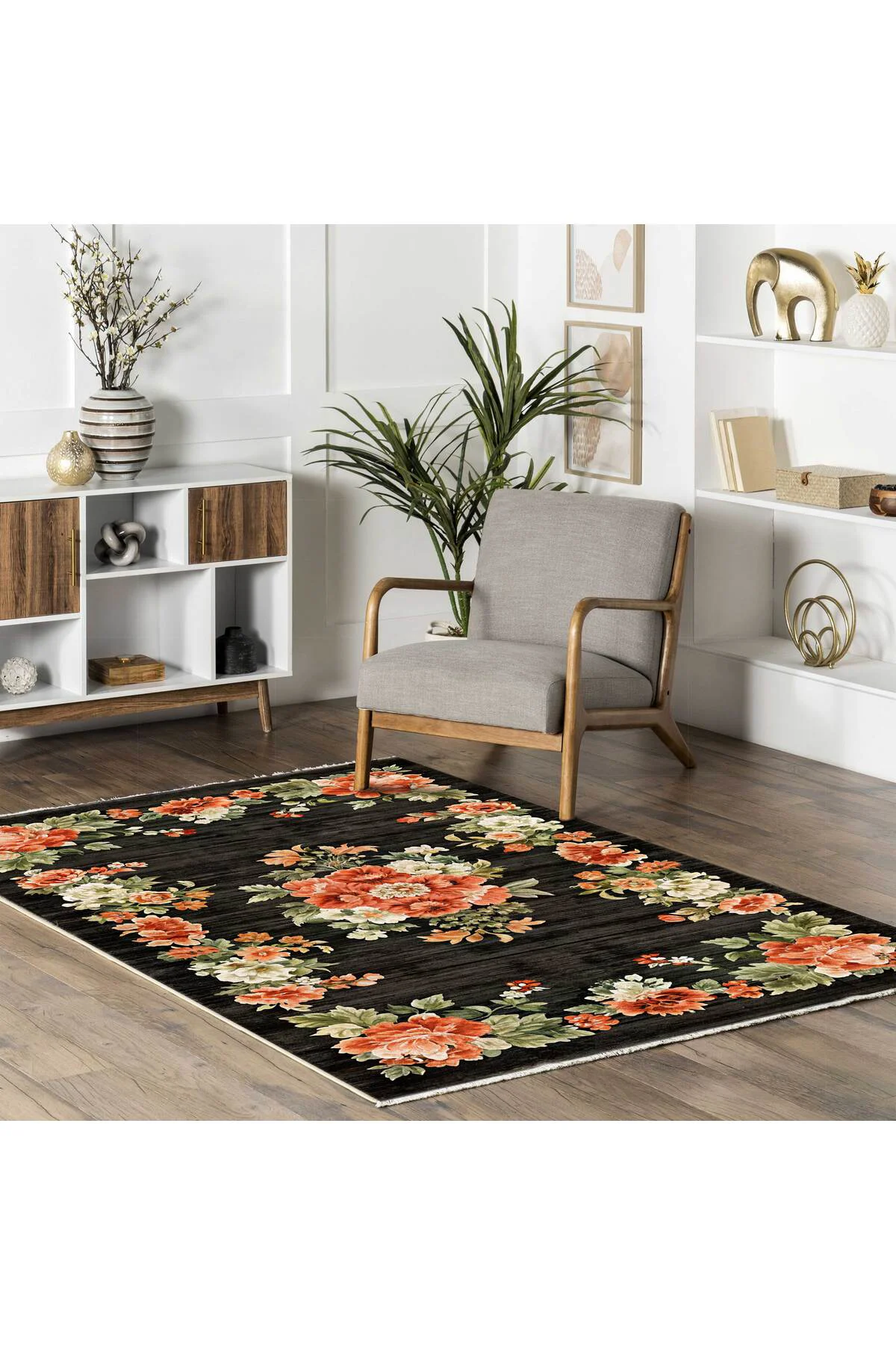 Etnik Çiçekli Karabağ Desenli Şönil Halı Kilim Kaymaz Pamuk Taban