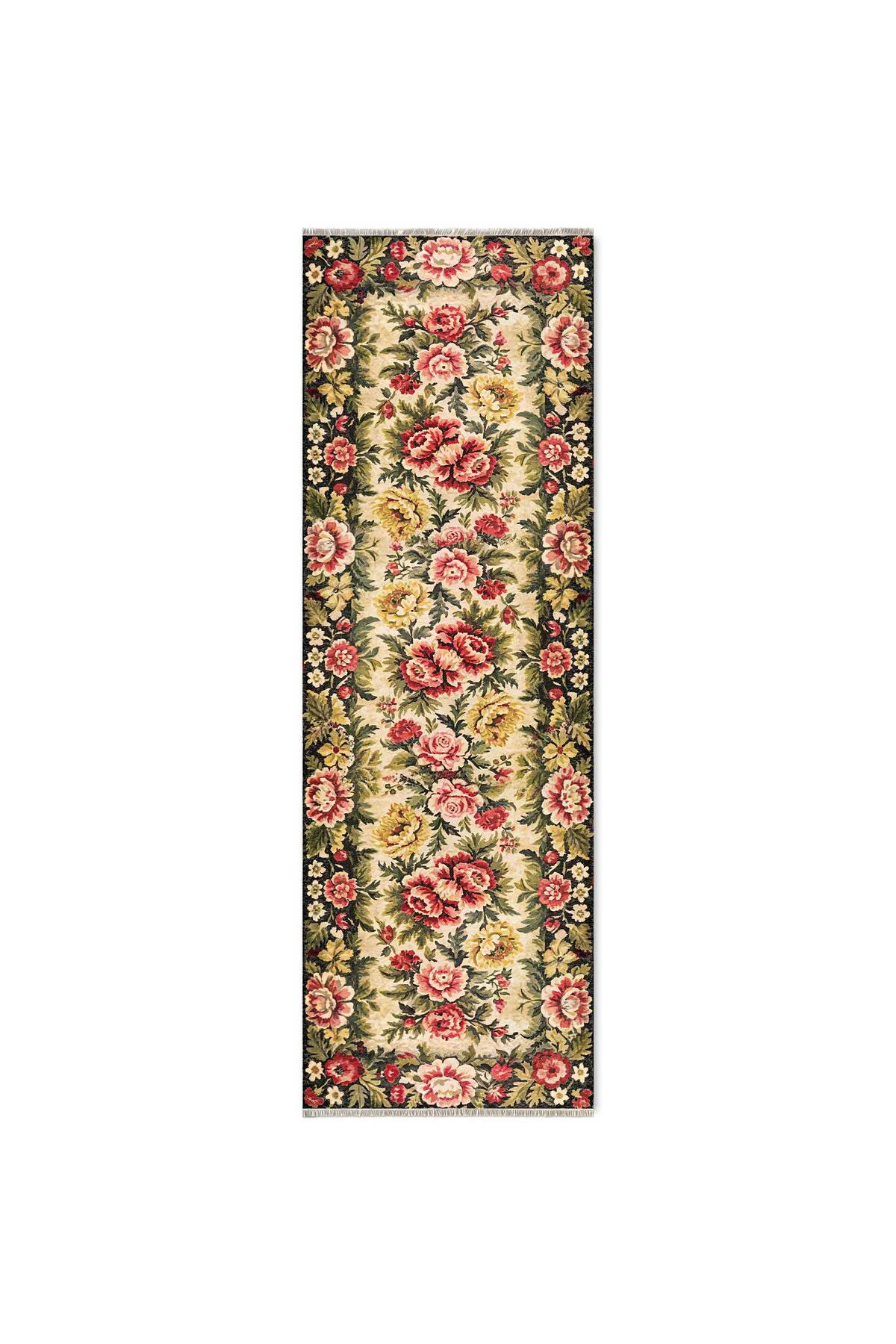 Etnik Çiçekli Karabağ Desenli Şönil Halı Kilim Kaymaz Pamuk Taban