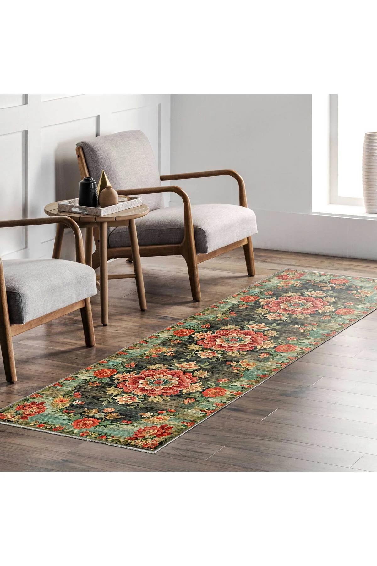 Etnik Çiçekli Karabağ Desenli Şönil Halı Kilim Kaymaz Pamuk Taban