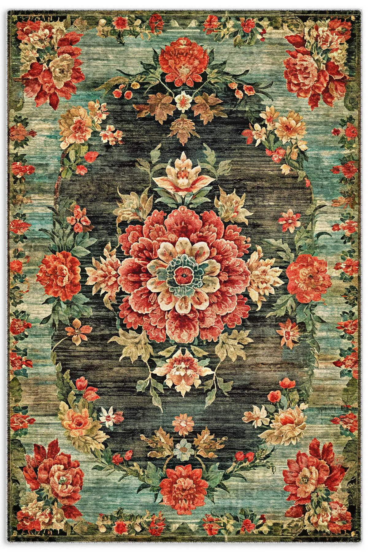 Etnik Çiçekli Karabağ Desenli Şönil Halı Kilim Kaymaz Pamuk Taban