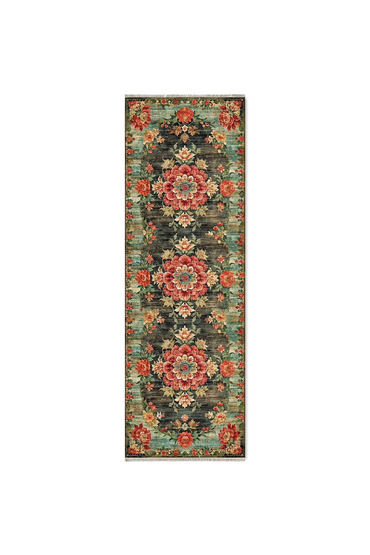 Etnik Çiçekli Karabağ Desenli Şönil Halı Kilim Kaymaz Pamuk Taban