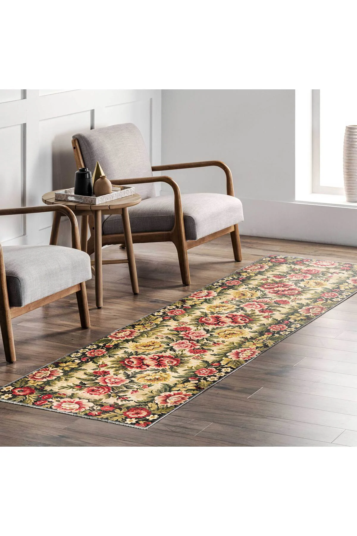 Etnik Çiçekli Karabağ Desenli Şönil Halı Kilim Kaymaz Pamuk Taban