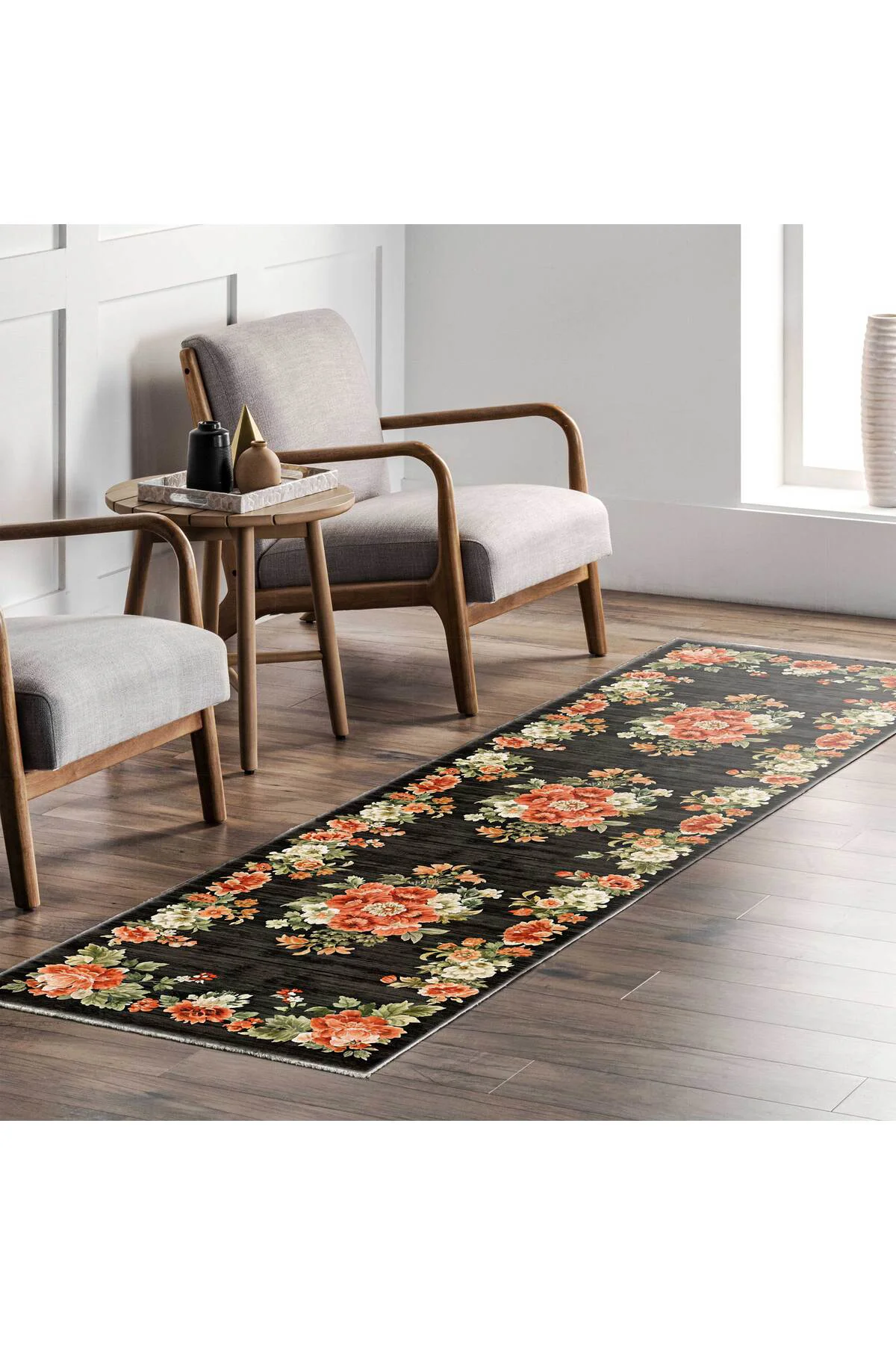 Etnik Çiçekli Karabağ Desenli Şönil Halı Kilim Kaymaz Pamuk Taban