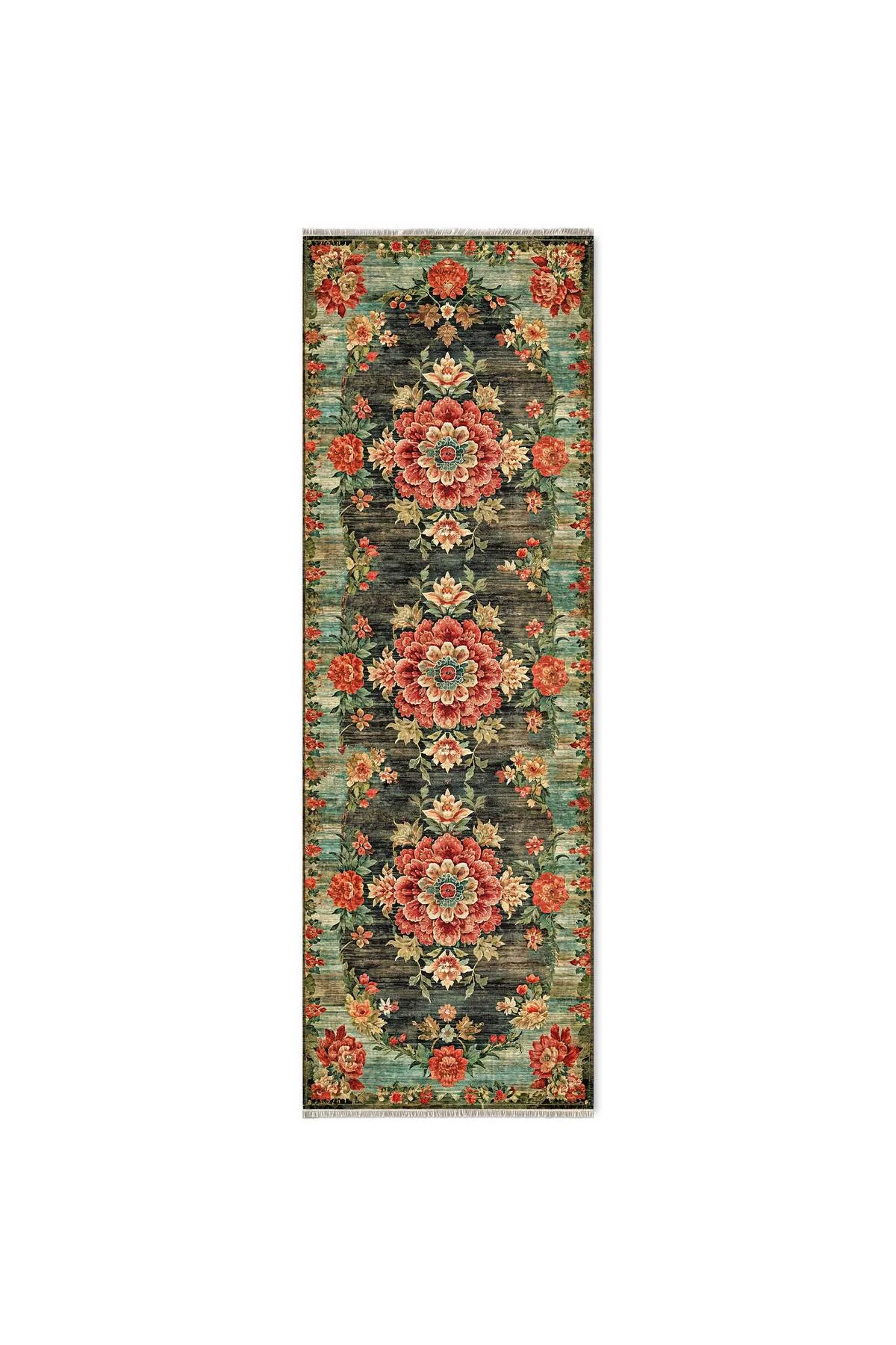 Etnik Çiçekli Karabağ Desenli Şönil Halı Kilim Kaymaz Pamuk Taban Kendinden Saçaklı Yıkanabilir Etnik Çiçekli Karabağ Desenli Şönil Halı Kilim Kaymaz Pamuk Taban Kendinden Saçaklı Yıkanabilir