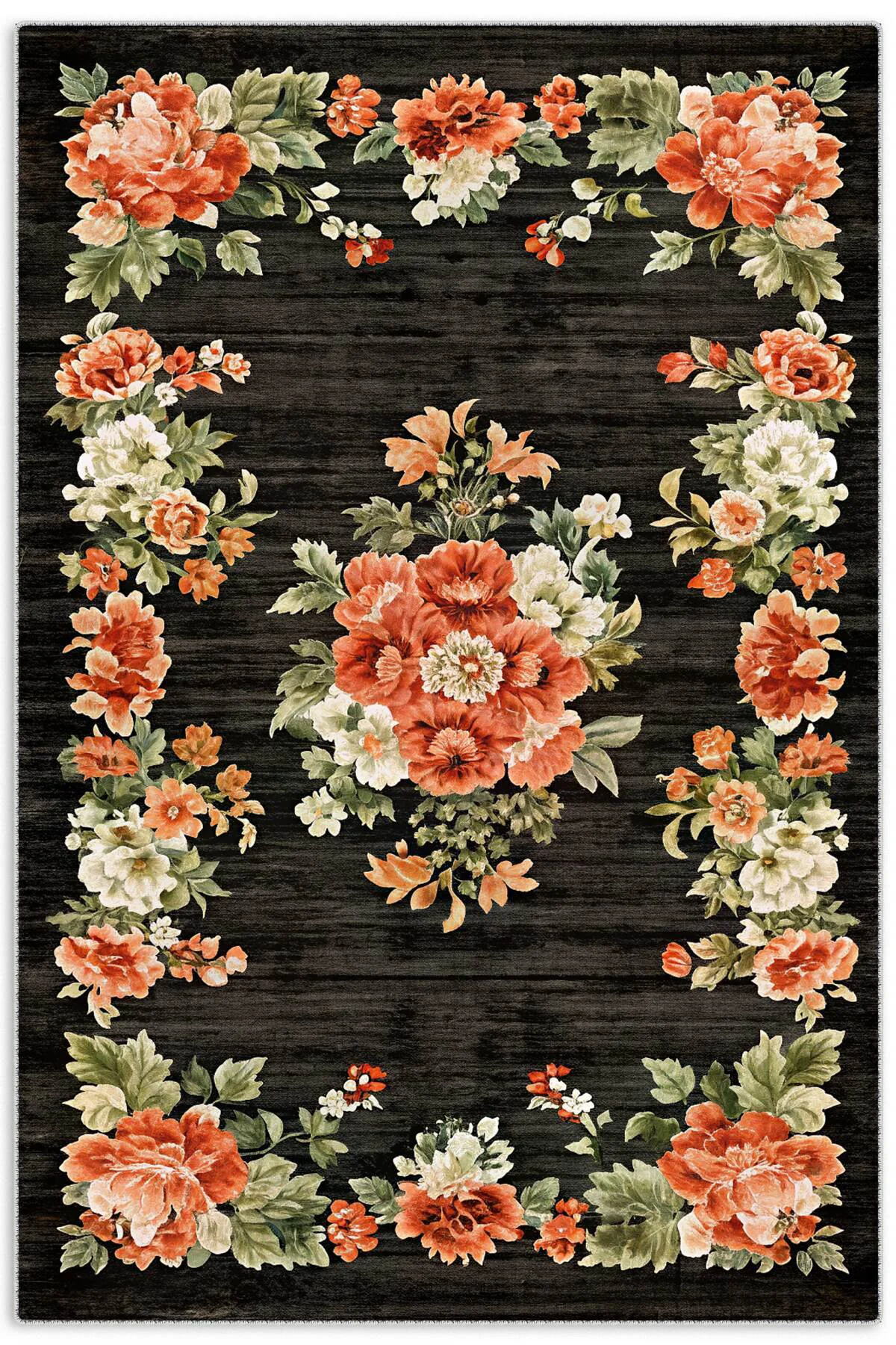 Etnik Çiçekli Karabağ Desenli Şönil Halı Kilim Kaymaz Pamuk Taban