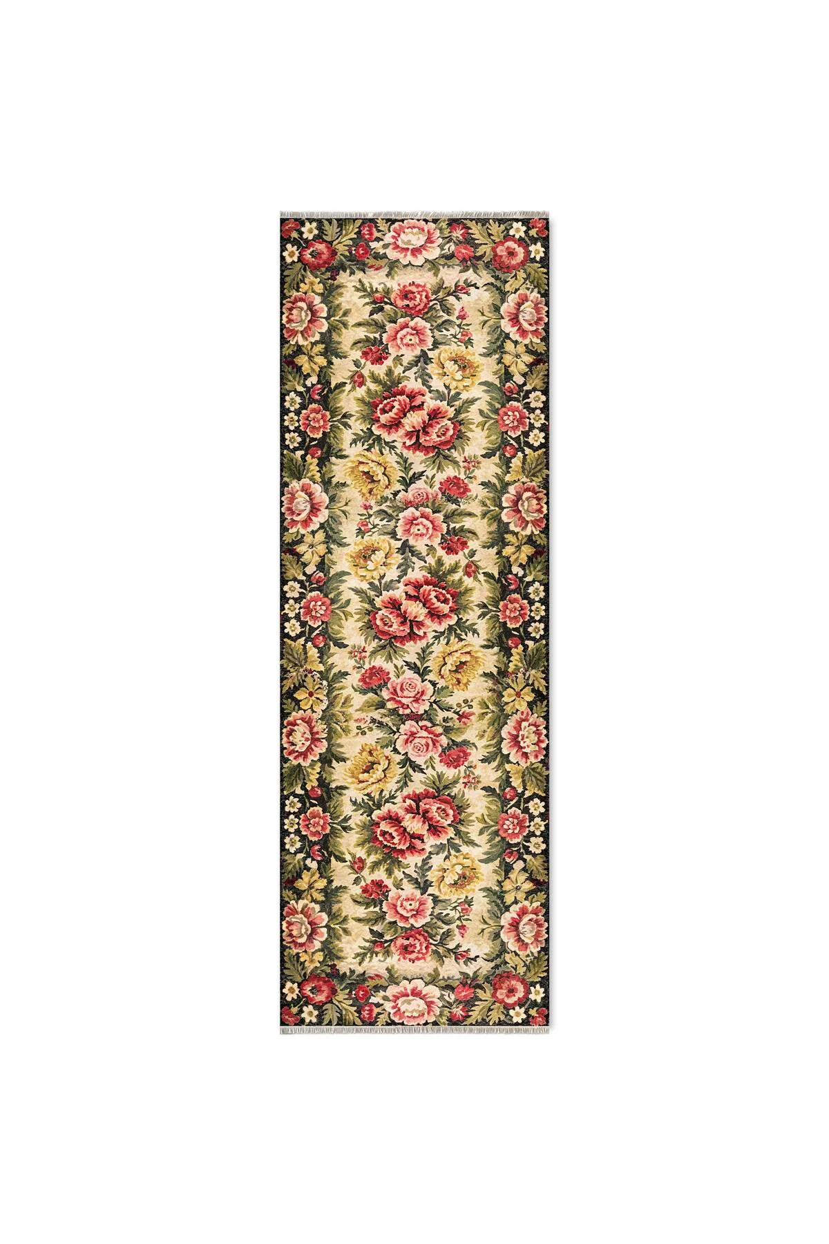 Etnik Çiçekli Karabağ Desenli Şönil Halı Kilim Kaymaz Pamuk Taban Kendinden Saçaklı Yıkanabilir Etnik Çiçekli Karabağ Desenli Şönil Halı Kilim Kaymaz Pamuk Taban Kendinden Saçaklı Yıkanabilir