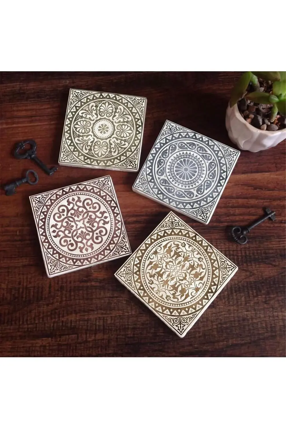 Etnik Desen Taş Altlığı Seti - 4 Parça - Dekoratif, Mutfak Aksesu