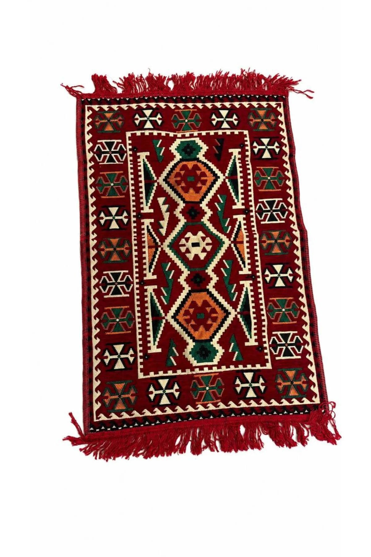 Etnik Desenli Kırmızı Saçaklı Kilim 60 × 92 cm