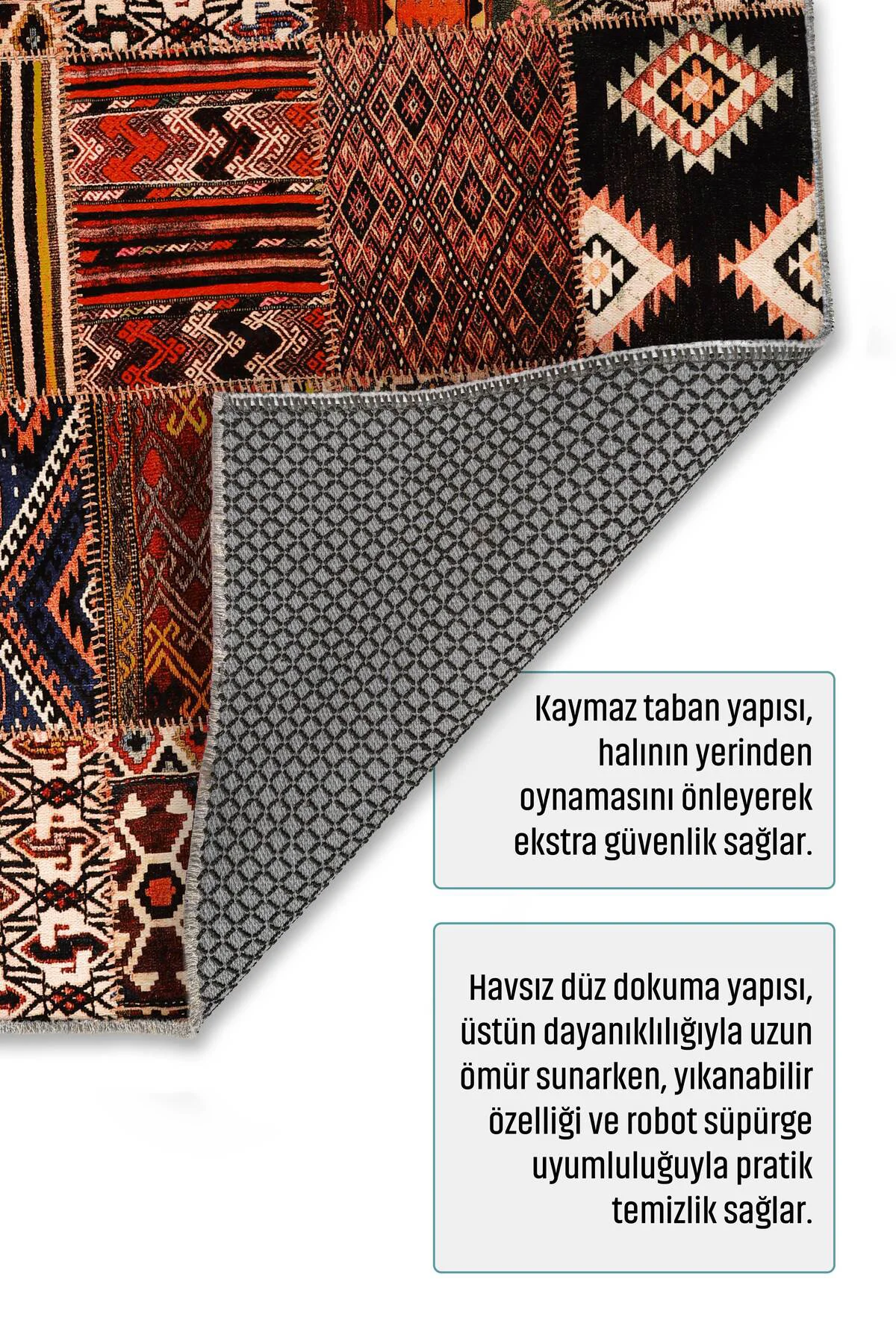 Etnik Patchwork Halı Kilim Yolluk Kaymaz Yıkanabilir Salon Mutfak