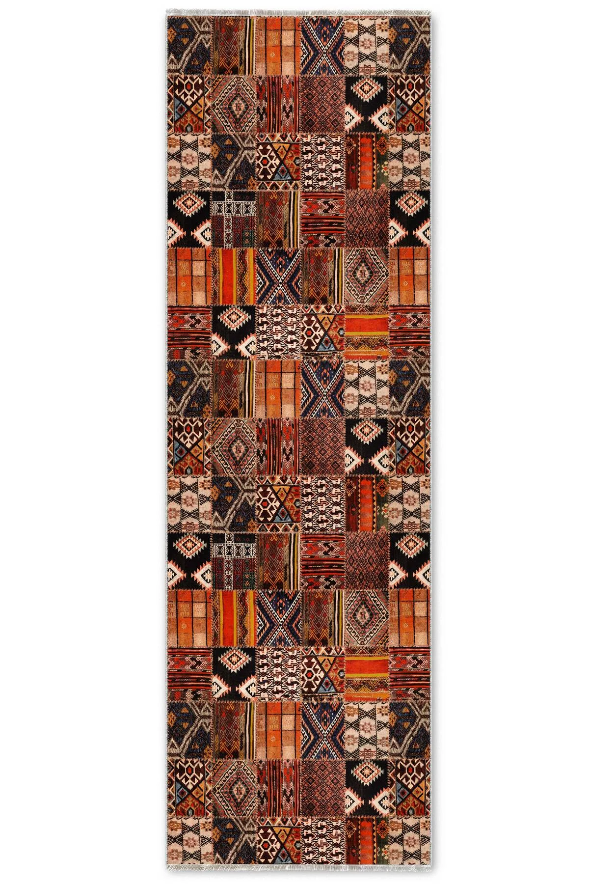 Etnik Patchwork Halı Kilim Yolluk Kaymaz Yıkanabilir Salon Mutfak Koridor Halısı Turuncu