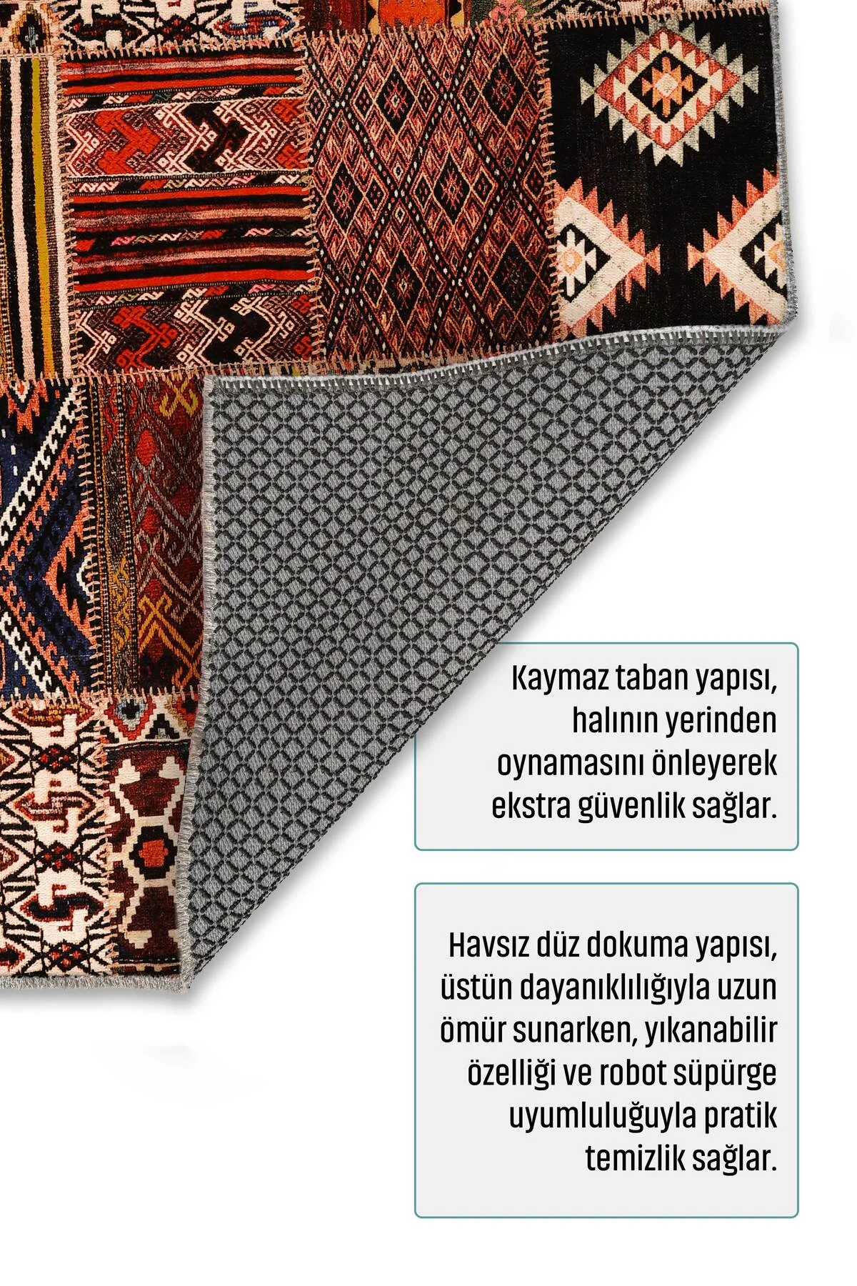 Etnik Patchwork Halı Kilim Yolluk Kaymaz Yıkanabilir Salon Mutfak Koridor Halısı Turuncu