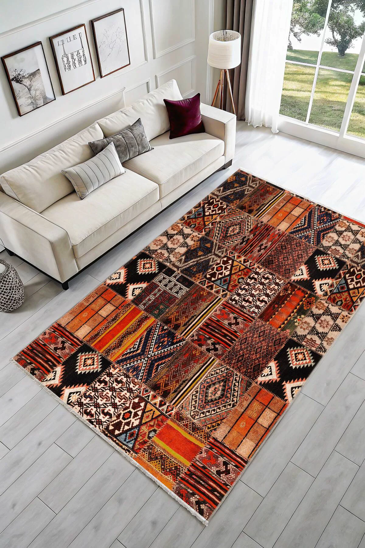 Etnik Patchwork Halı Kilim Yolluk Kaymaz Yıkanabilir Salon Mutfak