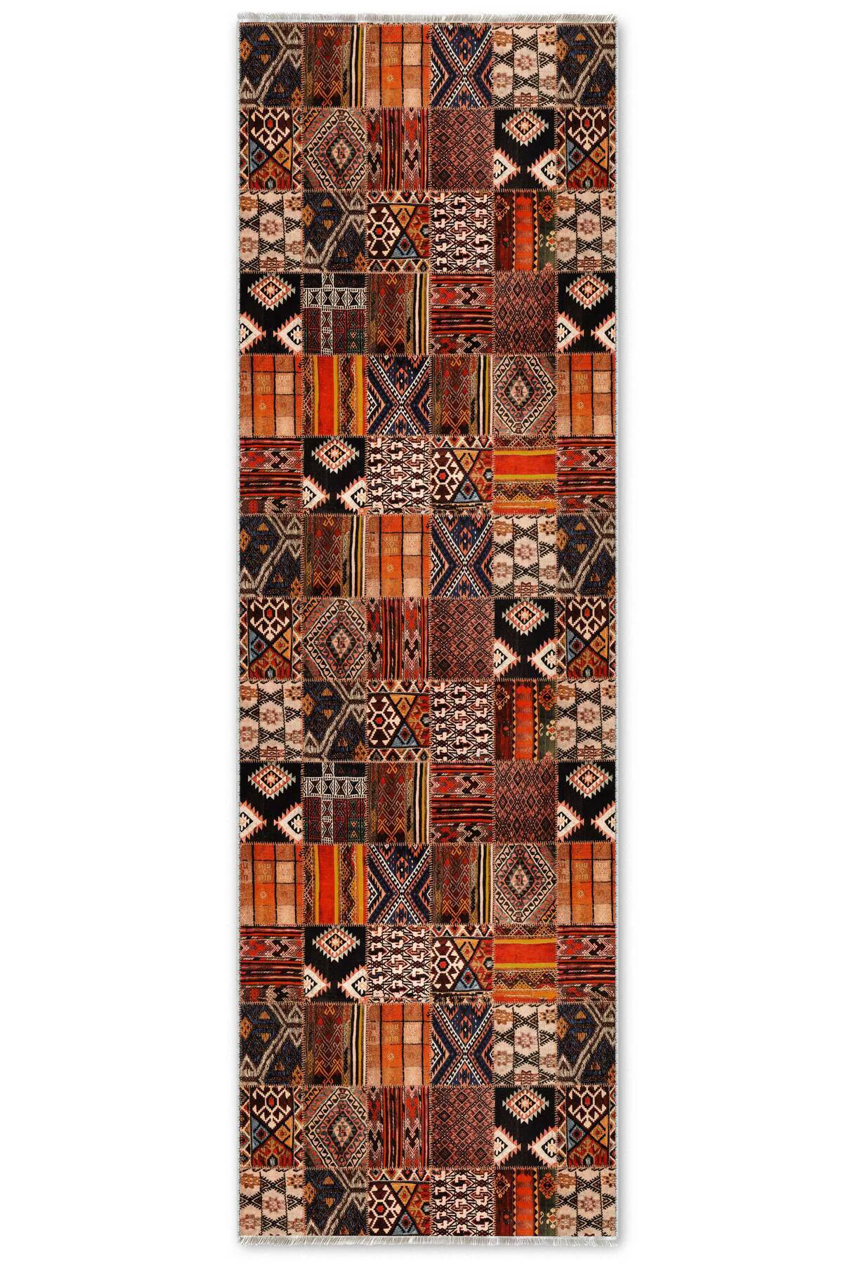 Etnik Patchwork Halı Kilim Yolluk Kaymaz Yıkanabilir Salon Mutfak