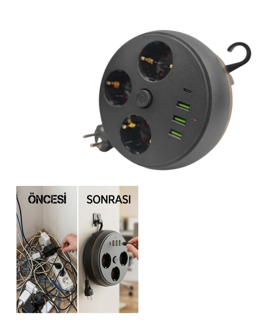 Ev Ofis İçin Çoklu Priz 3 Priz 3 USB Type C Güvenli Enerji Yönetimi