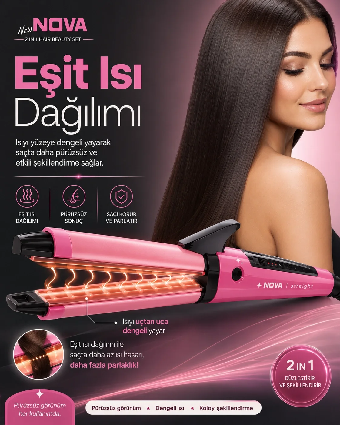 Ev Tipi Kullanıma Uygun 2 Fonksiyonlu Saç Düzleştirici ve Bukle Y