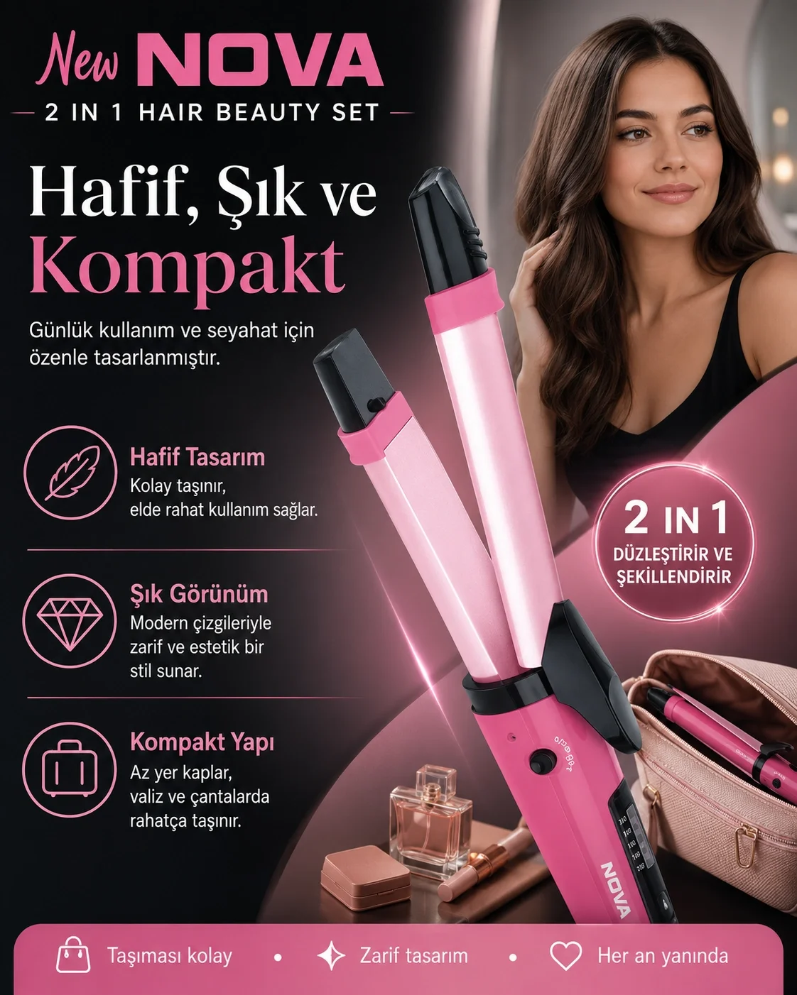 Ev Tipi Kullanıma Uygun 2 Fonksiyonlu Saç Düzleştirici ve Bukle Y