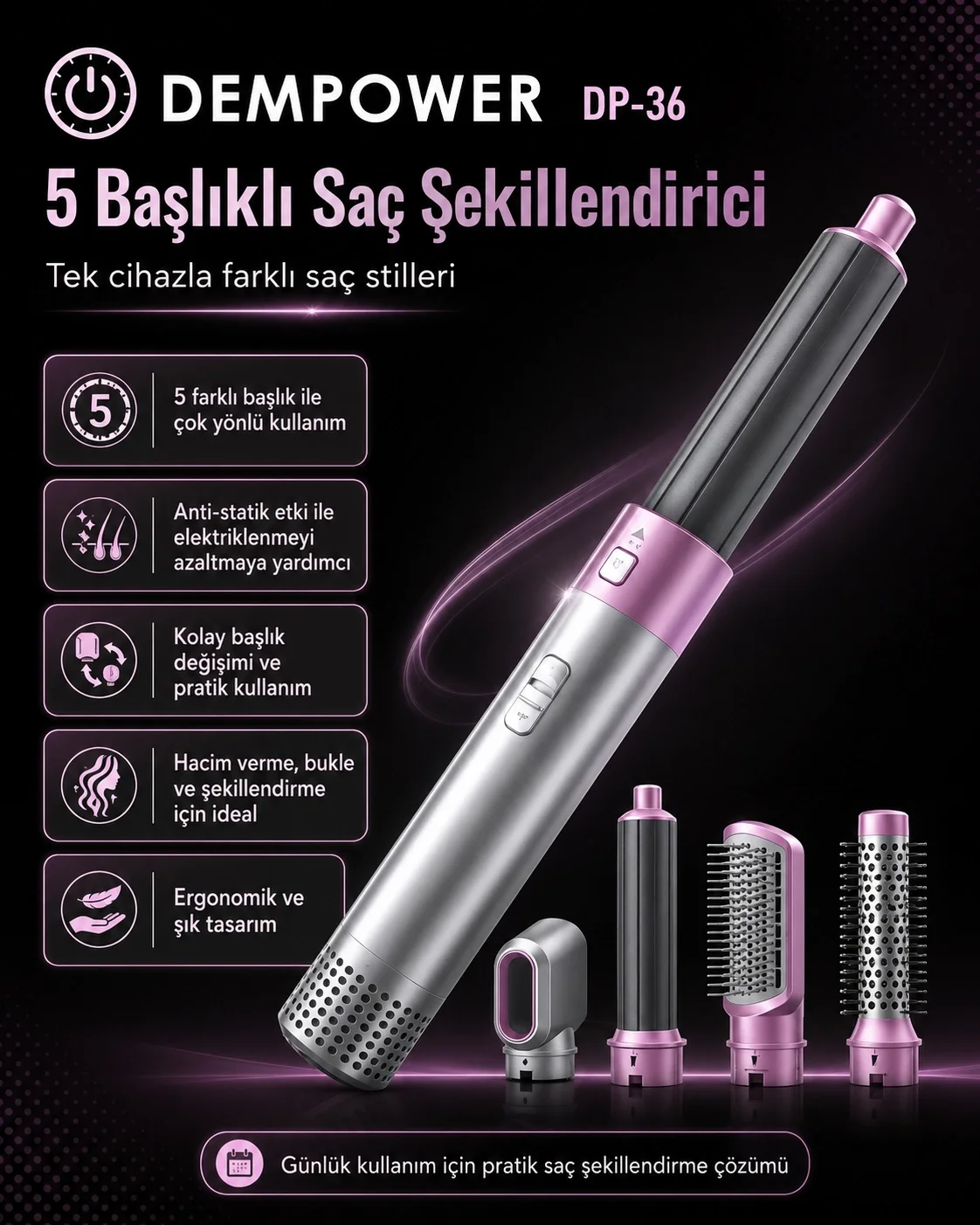 Ev Tipi Kullanıma Uygun 5 Aparatlı Saç Şekillendirici Fön Fırçası ve Dalga Seti
