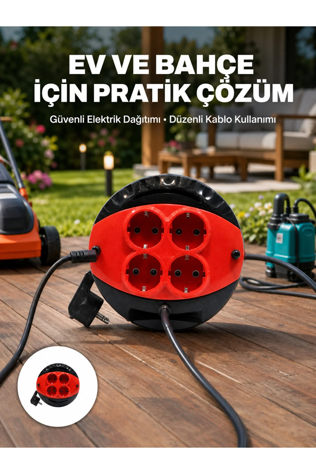 Ev ve Ofis İçin 3 Metre Kablolu 4 Priz Makarası