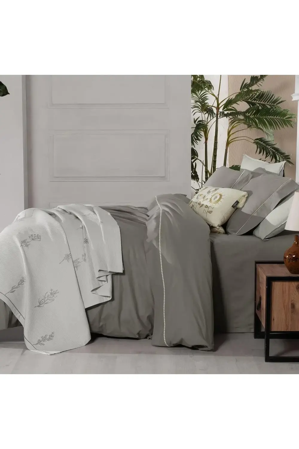 Sarev Eva Eldon Bej Tek Kişilik %100 Pamuk Nevresim Takımı Ve Pike Seti