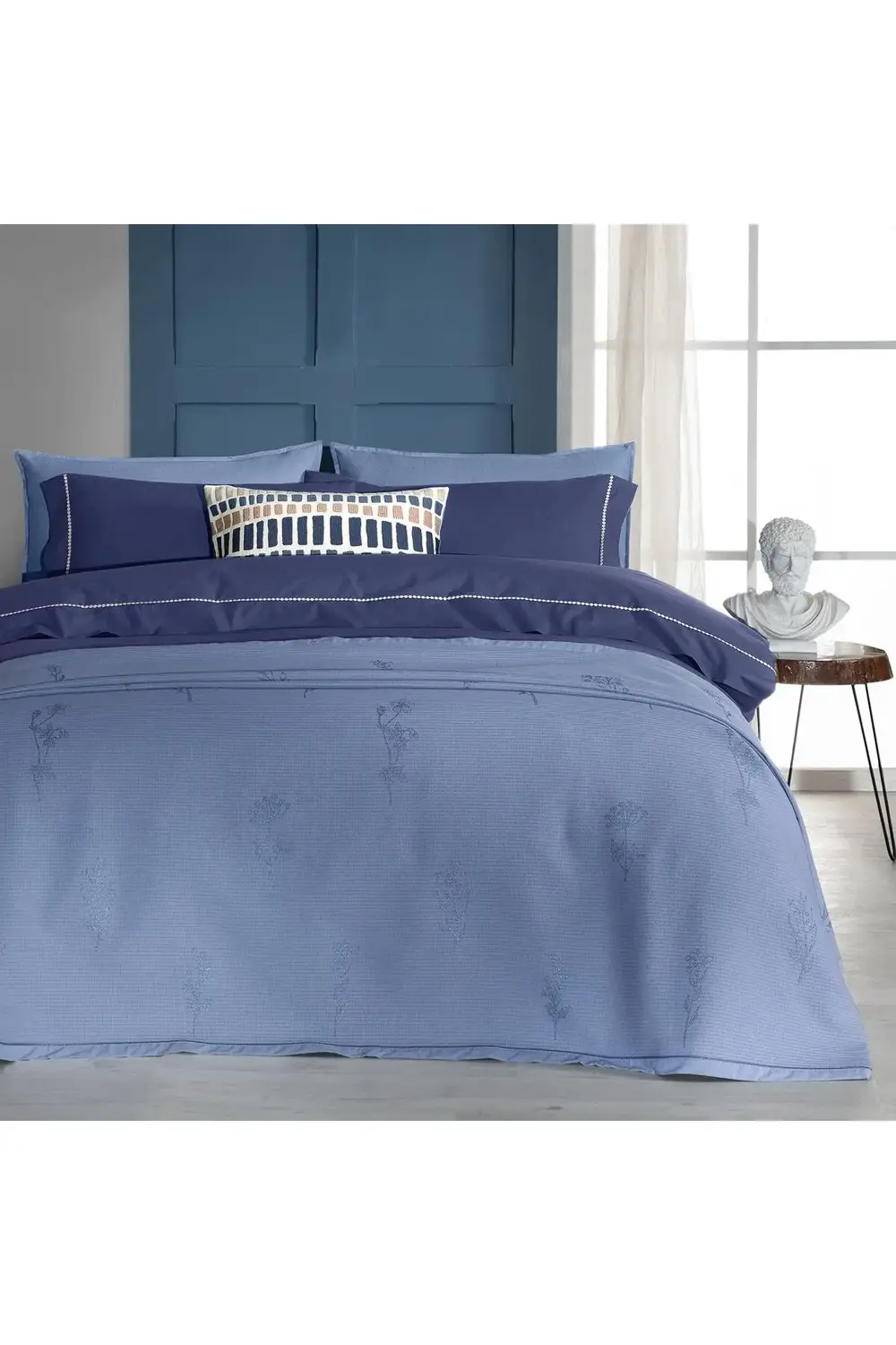 Eva Eldon Mavi Çift Kişilik %100 Pamuk Nevresim Takımı Ve Pike Se