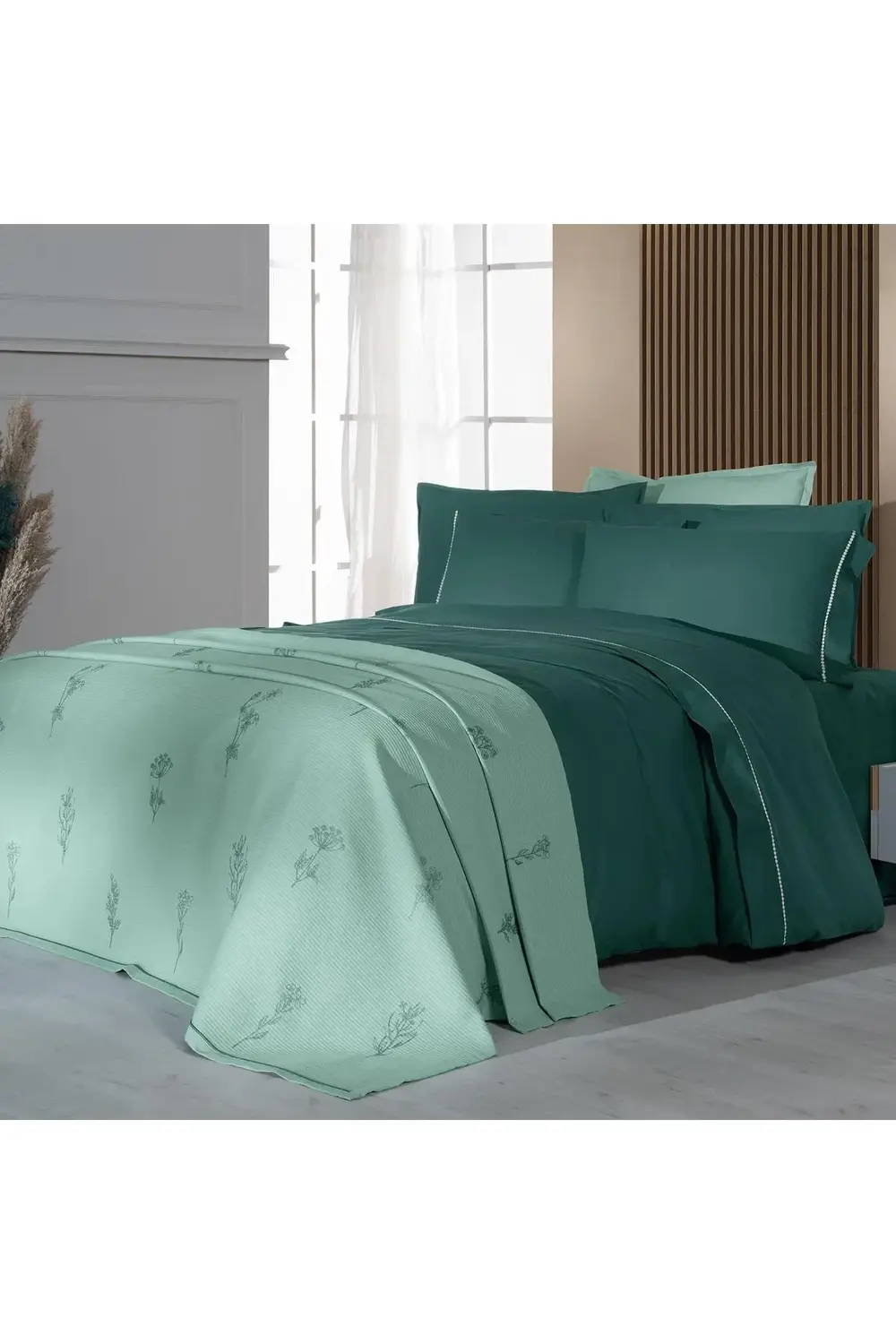 Eva Eldon Yeşil Tek Kişilik %100 Pamuk Nevresim Takımı ve Pike Se