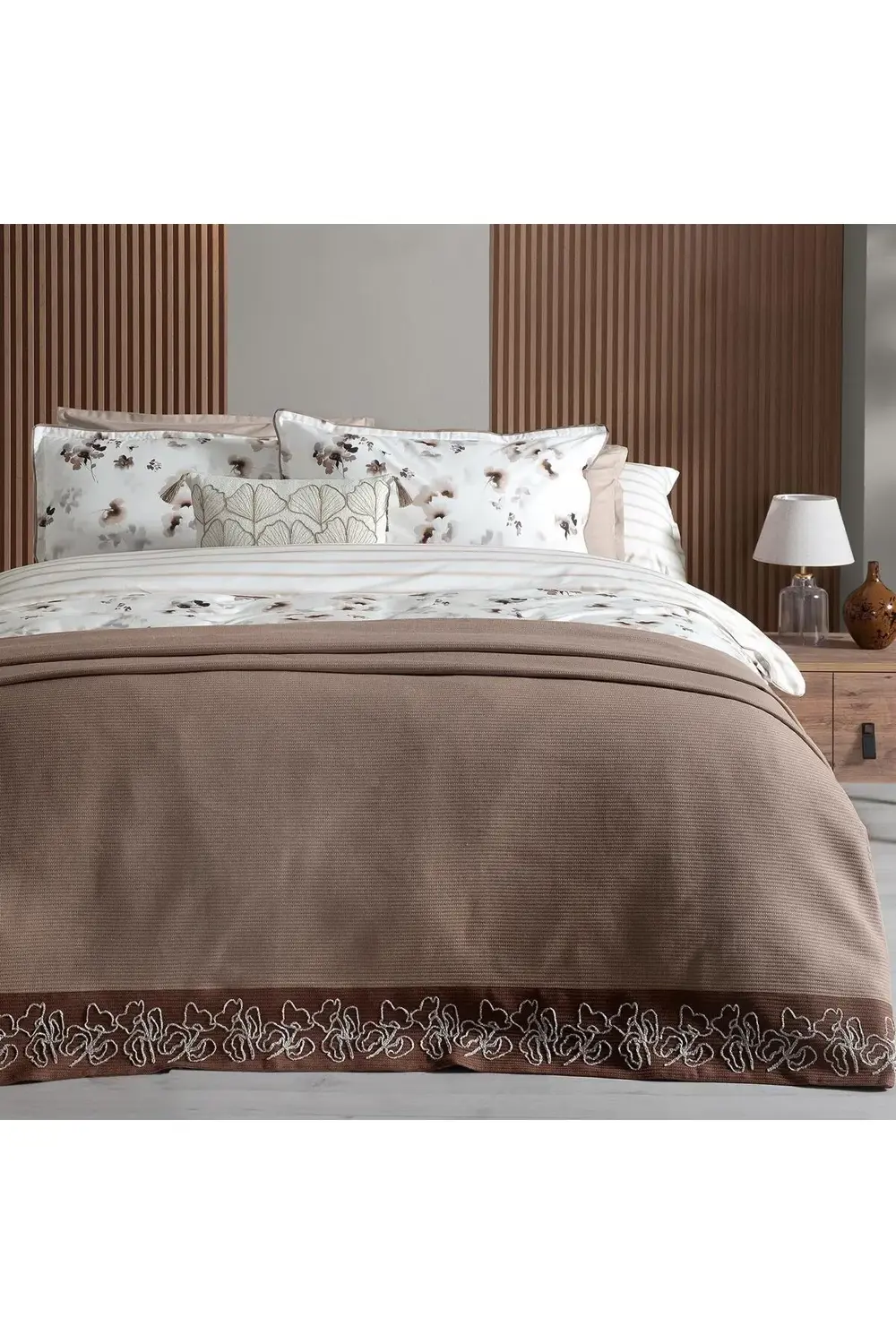 Eva Jadon Bej Tek Kişilik %100 Pamuk Nevresim Takımı ve Pike Seti