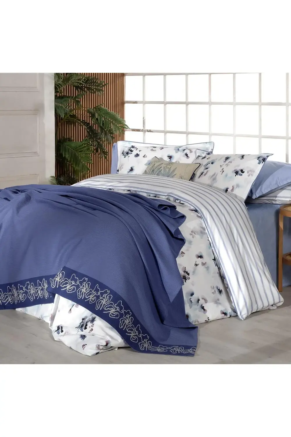 Sarev Eva Jadon Mavi Tek Kişilik %100 Pamuk Nevresim Takımı Ve Pike Set