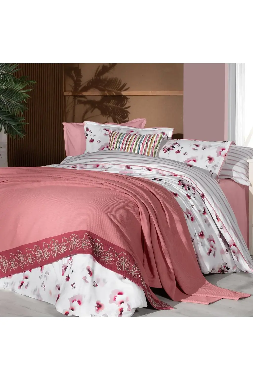 Sarev Eva Jadon Pembe Çift Kişilik %100 Pamuk Nevresim Takımı Ve Pike S