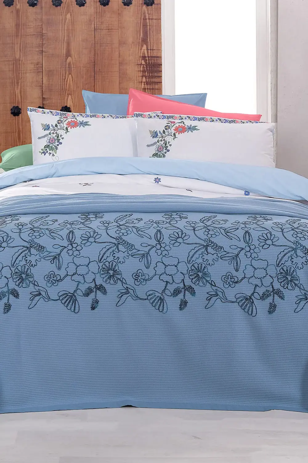 Eva Mia Mavi Tek Kişilik %100 Pamuk Nevresim Takımı ve Pike Seti