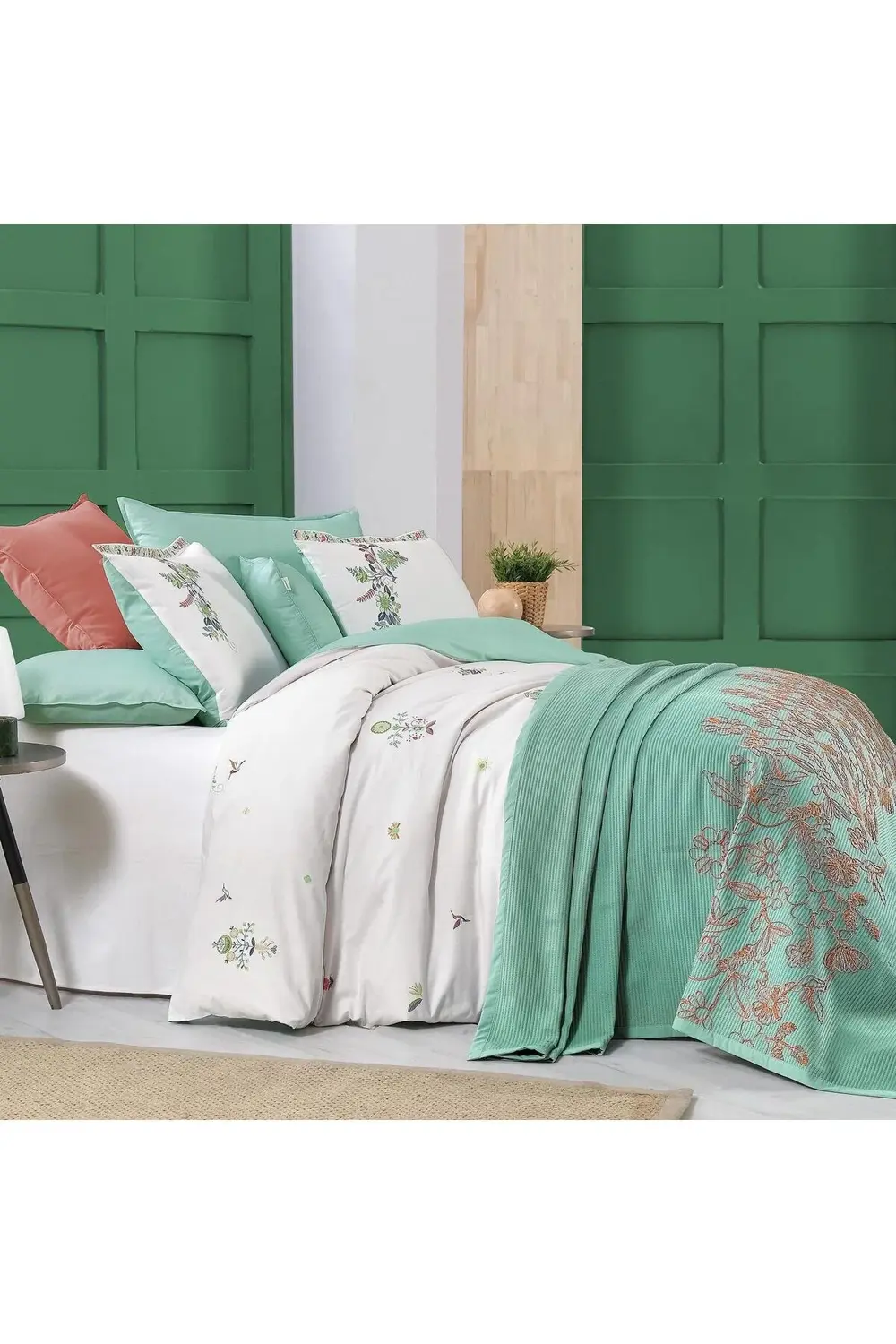 Sarev Eva Mia Yeşil Tek Kişilik %100 Pamuk Nevresim Takımı Ve Pike Seti