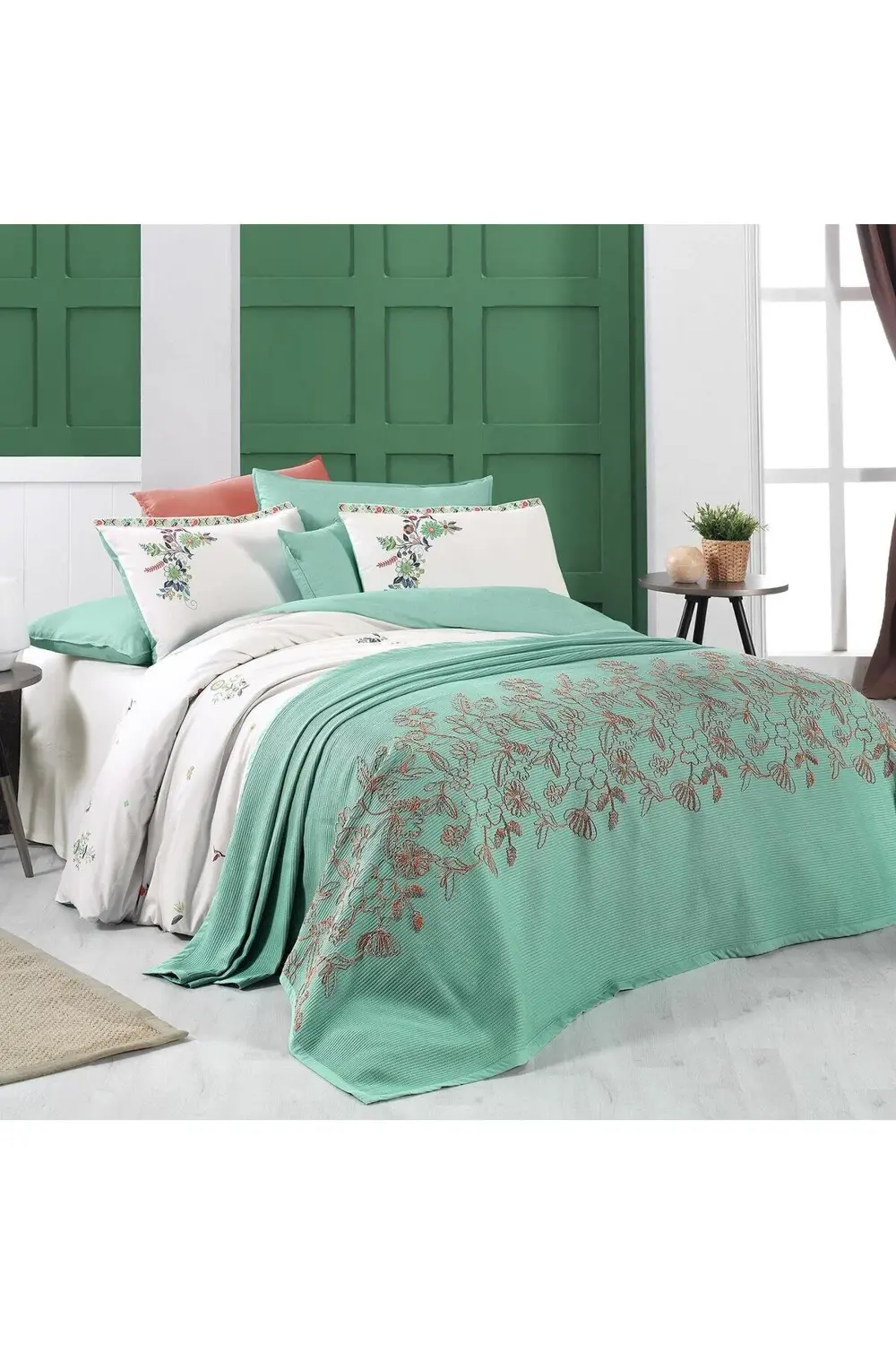 Sarev Eva Mia Yeşil Tek Kişilik %100 Pamuk Nevresim Takımı Ve Pike Seti