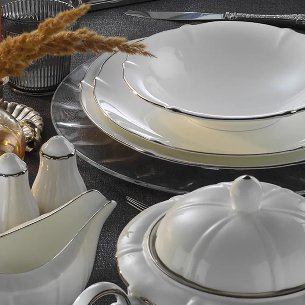 Evaliza Magnolia 2MM Platin 60 Parça Porselen Yemek Takımı