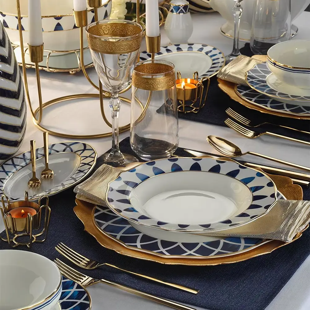 Evaliza Poetica Parlak Arya Mavi 61 Parça Porselen Yemek Takımı