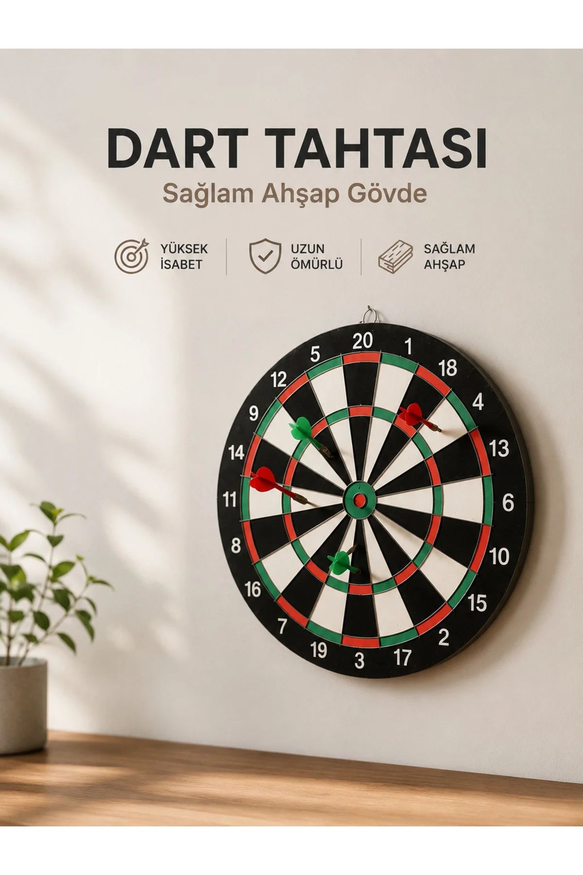 Evde, Ofiste ve Oyun Alanlarında Kullanıma Uygun Sağlam Ahşap Gövdeli Dart Tahtası