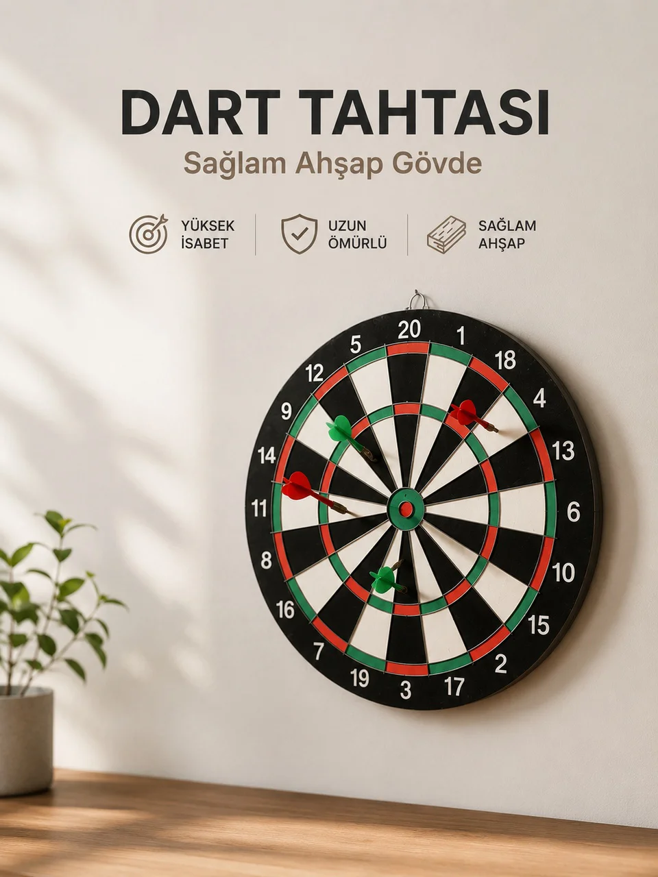 Evde, Ofiste Ve Oyun Alanlarında Kullanıma Uygun Sağlam Ahşap Gövdeli Dart Tahtası - Lisinya