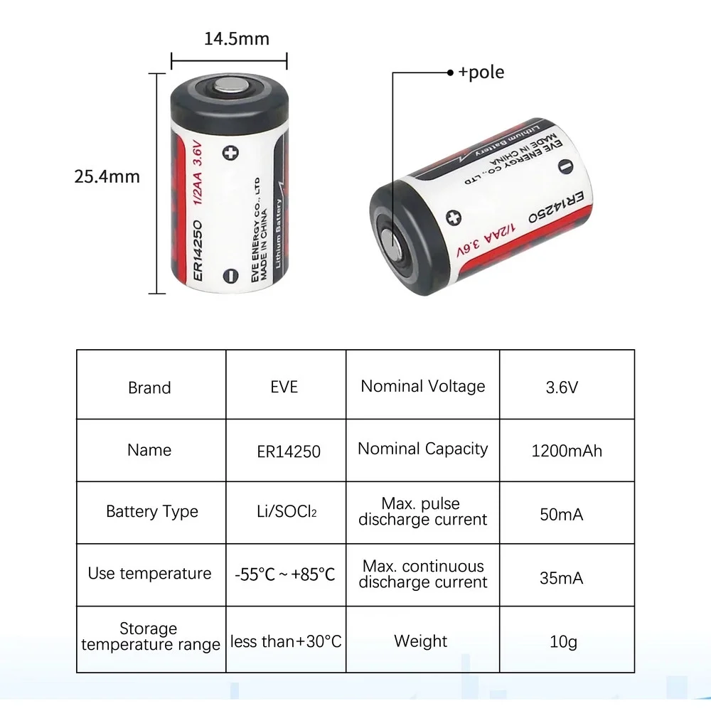 Eve Er14250 1/2aa Size 3.6v 1200 Mah Şarjsız Li-socl2 Lithium Pil