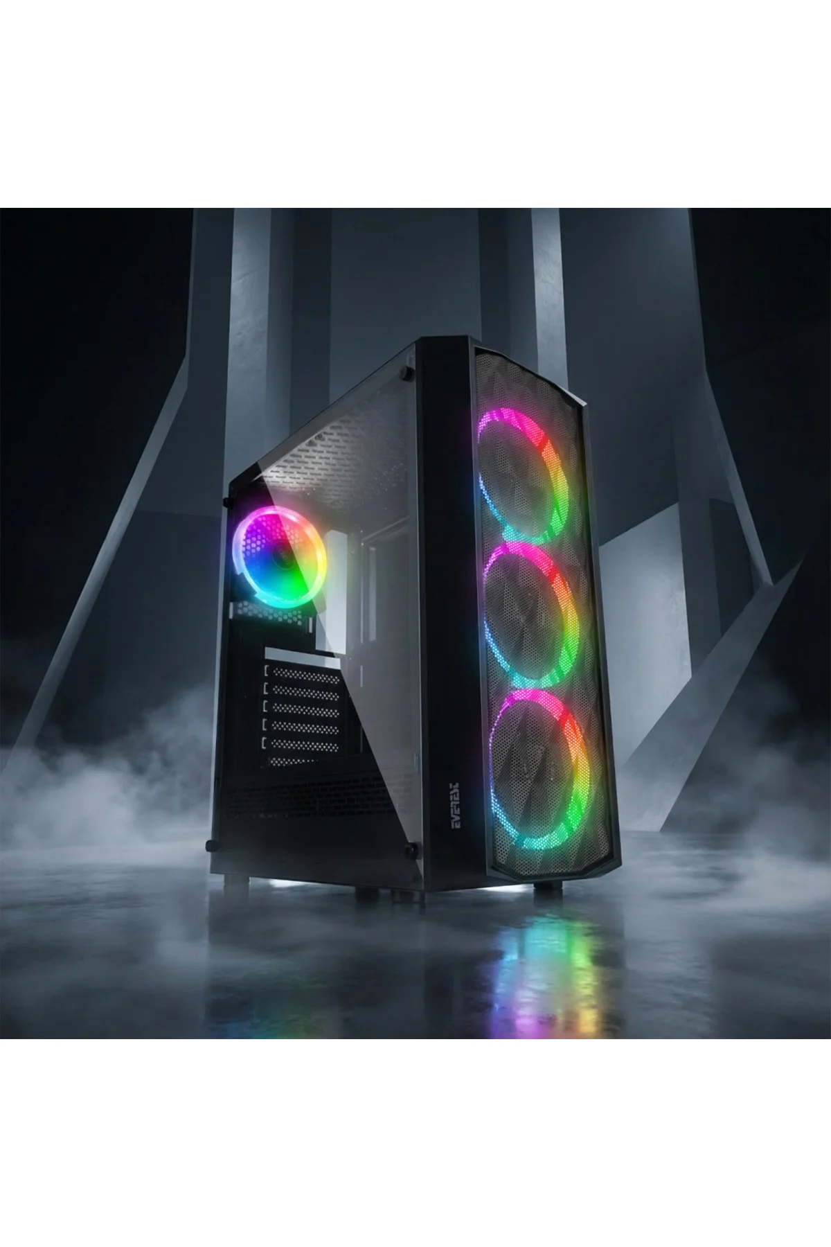 EVEREST BUMPY, Mesh, 600W, 4x12cm RGB Fan, Temperli Cam Yan Panel, ATX, GAMING KASA