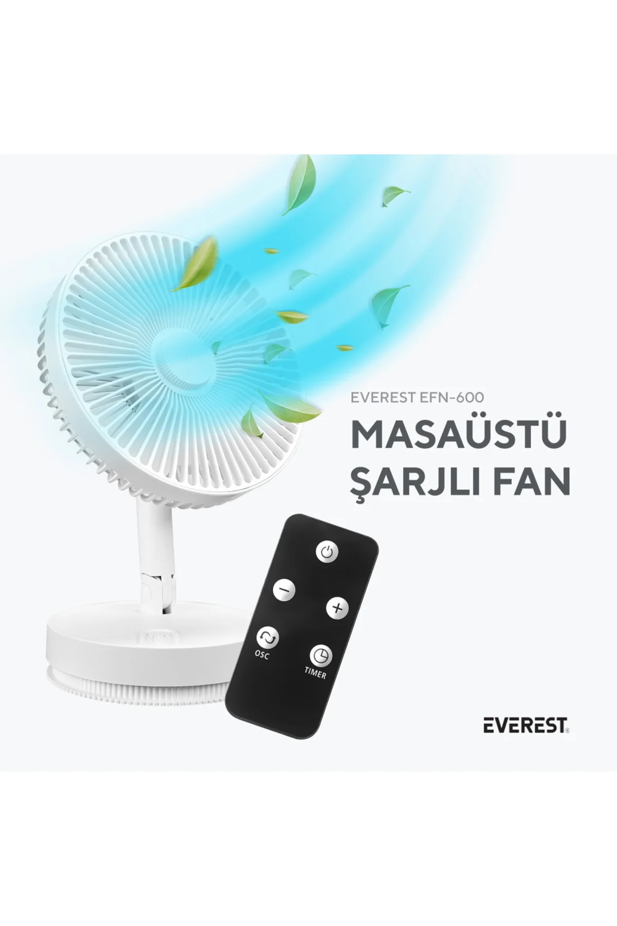 EVEREST EFN-600, BEYAZ, 4 Kademeli Hız, Masaüstü Kullanım, Taşınabilir, Dahili 2000mAh Bataryalı, US
